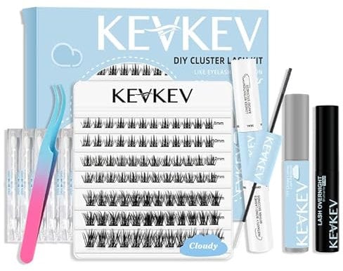 KevKev Eyelash Extension Kit 84 Pcs Cluster Lashes Lash Extension Kit Thin Band Individual Lashes with Lash Bond and Seal Lash Glue Remover Overnighter Seal and Applicator (Cloudy Kit,D-8-16mix)