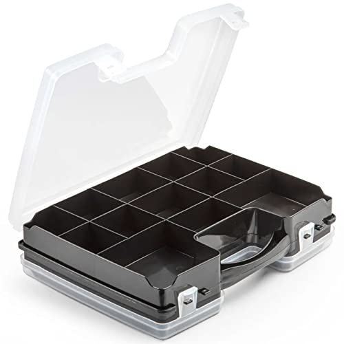 Tradineur - Maletín organizador doble con 21 compartimentos y asa, polipropileno, almacenamiento de herramientas, tornillos, accesorios pesca, fabricado en España (Negro, 20,5 x 27,5 x 6,5 cm)