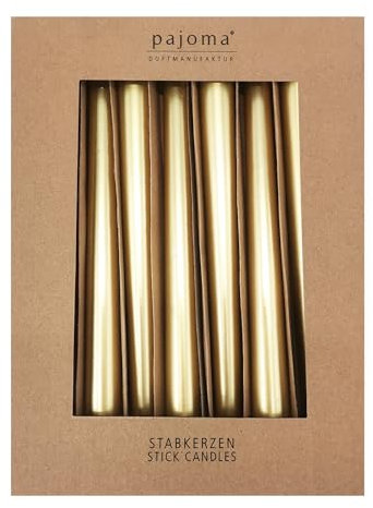 pajoma® Stabkerzen Gold-Metallic 10 Stück - Höhe 25 cm ø 2,2 cm | Brenndauer 7 Stunden, Premium Qualität - einfarbige Spitzenkerzen