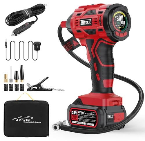 AUTDER Cordless Tyre Inflator Air Compressor, 21V Rechargeable Battery and 12V DC 180PSI Max Powered Portable Handheld Tyre Pump with Digital Pressure Gauge for Cars Motorcycles Bicycles Balls, Red