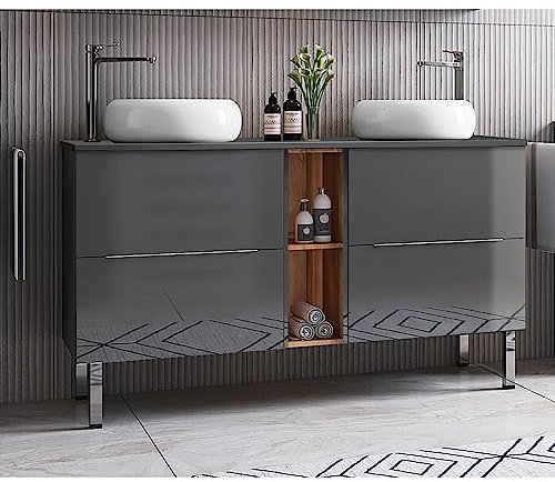 Lomadox Doppelwaschtisch, stehend, mit 2 Aufsatzbecken, Hochglanz grau mit Wotan Eiche Nb., B/H/T ca. 141/100/46,1 cm