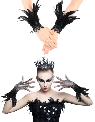 GAROMIA Federn Armbänder Damen Schwarz Feder Spitze Handschuhe Vintage Feder Manschette Accessoires Gothic Feder Manschetten Rabe Hexe für Halloween Kostüm Rollenspiel Party