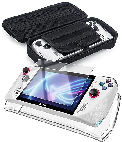 ENCASED Coque transparente avec protection d'écran en verre trempé conçue pour Asus ROG Ally avec sac de transport avec poignée (coque rigide en EVA)