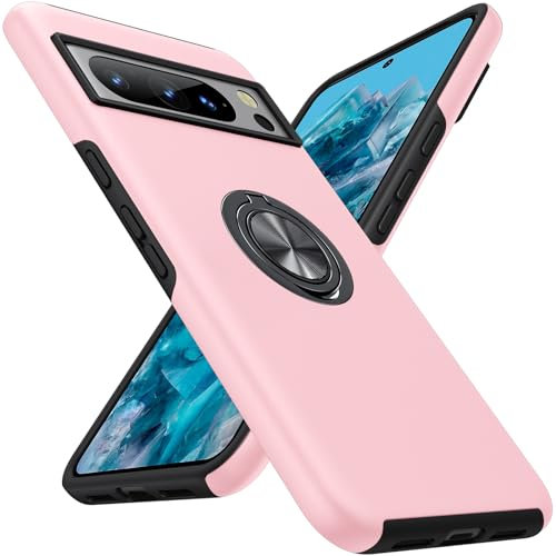 AOUIA Coque de protection pour Google Pixel 8 Pro, résistante aux rayures et aux chutes, aux chocs, avec anneau de support invisible, rose
