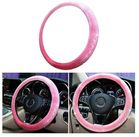 BELOMI Bling Auto Lenkradbezug Weicher Samt Kristall Strass Lenkradschoner Universal 15 Zoll Flauschig für Winter Warm Niedlich Auto Innenraum Zubehör für Frauen Mädchen (Rosa)