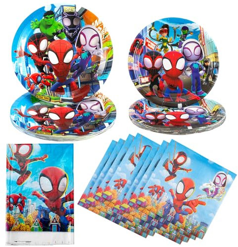 EMORHBO 51 Stück Geburtstag Partygeschirr, Spiderman Pappteller, Partygeschirr Set, Partyzubehör Teller Becher Servietten Tischdecke, für Kinder Geburtstag Party Supplies und Tischderation