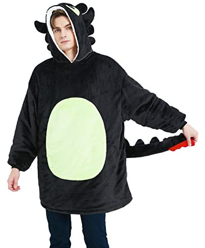 dressfan Schwarz Drache Tragbare Decke Mikrofaser & Sherpa Deckenpullover,Halloween Karneval Drache Kostüm Hoodie,Warme Weich Decke mit Ärmeln und Kapuze für Damen Herren