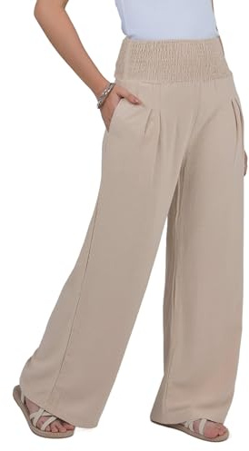 Lofbaz Women Linen Palazzo Wide Leg Pants Flowy Lounge Casual High Waist Trousers Summer Beach Boho Long Pant with Pockets Khaki L