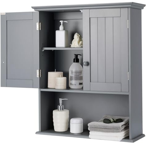 RELAX4LIFE Bathroom Wall Cabinet, Wooden Wall Mounted Storage Cupboard with Adjustable Shelf & Double Door, Modern Wall Storage Unit for Entryway Kitchen Living Room (Grey)