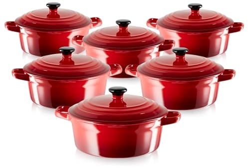 KHG Auflaufform mit Deckel 6er-Set, rot 0,5 L klein, Mini-Cocotte