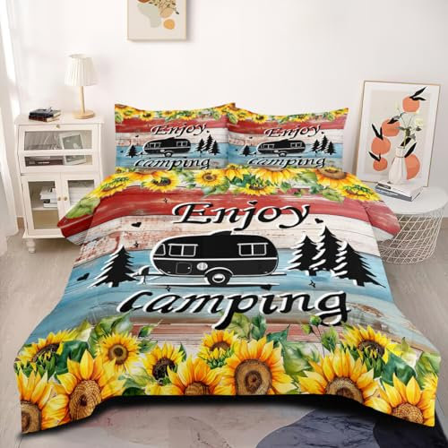 CCoutueChen Camper Bedding Camping-Bettwäsche-Set, 3-teilig, Sonnenblumen, gesteppt, leicht, für Kinder, Teenager, alle Jahreszeiten, weiche Bettdecke mit 1 Kissenbezug