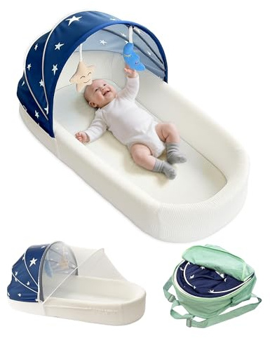 MonGianda Portable Newborn Nest Lounger with Canopy & Mosquito Net-Lightweight Foldable Newborn Play Support & pad and Washable Cover, Indoor-Outdoor Use(Blue)