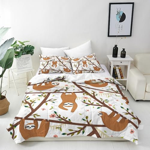 ANHOPE Nette Dschungel Tier Faultier Bettwäsche Set 2 Teilig Bettbezug 135x200 cm + Kissenbezug 80x80 cm Weich Microfaser Bettbezüge Set mit Reißverschluss Bettdeckenbezug für Kinder Jungen Mädchen