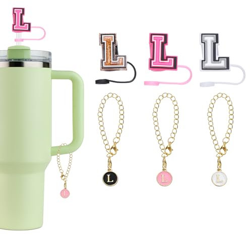 QUARKZMAN 3 Piezas Accesorios de Letras con 3 Tapas de Cubierta de Pajita 9Mm para Silicona Vaso Tapón con Nombre Id Y Encanto Personalizado Negro/Blanco/Rojo (Letra L)