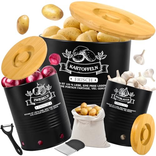 JEDWKFA Kartoffel Aufbewahrungsbox, 3 Zwiebel Aufbewahrung + 1 Kartoffelmesser + 1 Schälmesser + 1 Aufbewahrungstasche, Zwiebeltopf Mit bezug, Aufbewahrung Kartoffeln, Runden Potato Storage Jars Se