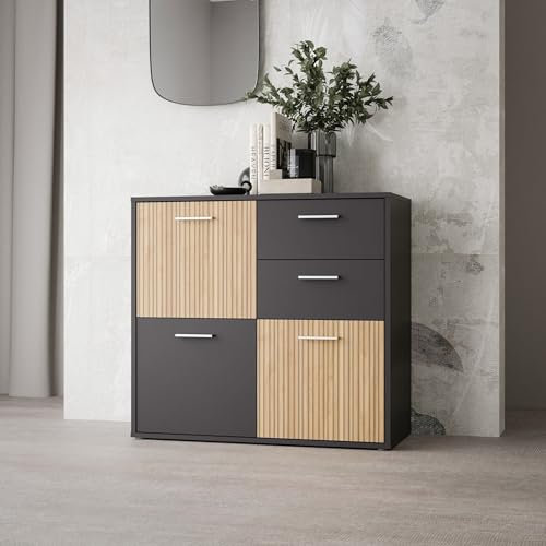 möbelando Kommode >Quadro 2< mit 3 Türen und 2 Schubladen, in grau/Lamela Eiche Dekor 93,5x95,1x40cm (B/H/T)