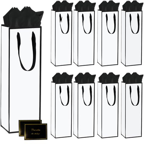 12 Pack Bottle Gift Bags with Tissue Paper and Cards, White Wine Bags with Handle for Christmas, Wedding, Birthday