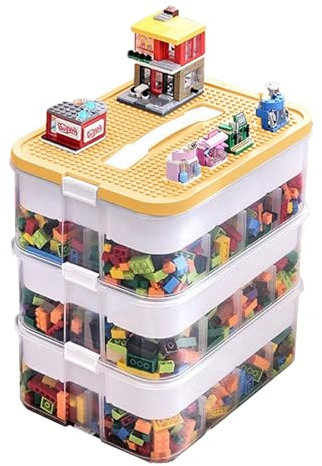 Aufbewahrungsbox für Lego Bausteine,Classic Große Bausteine Box für Lego,3 Stufen Transparent Organizer,Aufbewahrung mit Deckel,Ablagefächer Stapelbar Spielzeug,Sortierboxen für Lego(Gelb)