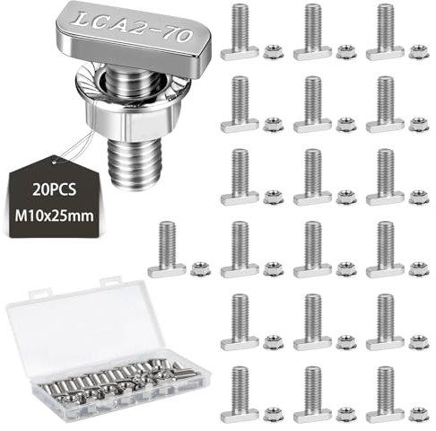 EXLECO 20 x Hammerkopfschrauben M10x25mm Edelstahl Hammerkopf Schrauben T Nut Bolzen mit Kunststoffbox Edelstahlschraube Befestigung mit Flanschmuttern für T Nut Schiene Gewächshaus Profilschienen