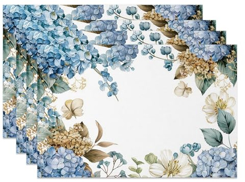 MIRRORANG - Set mit 4 blauen Platzsets mit Hortensien, 45 x 30 cm, hellweißes Blumendesign, waschbar, für die Frühlingsdekoration von Küche und Esszimmer