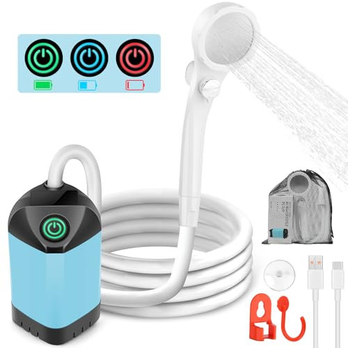 Ducha portátil para camping, 7800 mAh recargable con 3 modos de pulverización, IPX7 impermeable, bomba de ducha portátil para exteriores, senderismo, viajes, coche, mascota, batería de larga duración