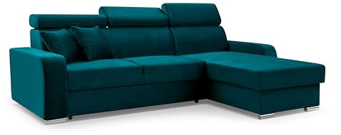FurniShop24 Ecksofa mit Schlaffunktion und Bettkasten - Schlafsofa L Form 236x165 cm mit verstellbaren Kopfstützen und dekorative Kissen, Eckcouch Focus Türkis