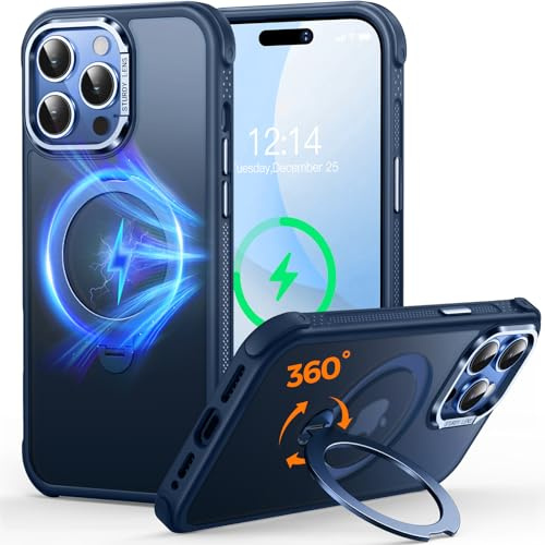 CUTELFON O3 Mag-Ständer Entwickelt für iPhone 14 Pro Max Hülle mit 360° Ständer,[Kompatibel mit MagSafe][Super Hautgefühl] Durchscheinende Matte Magnetische Schlanke Handyhülle 6,7,Matt Blau