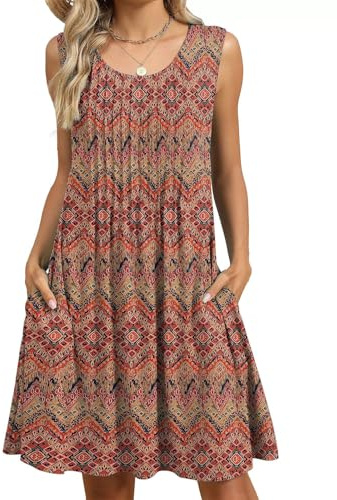 PICKLION Damen Sommerkleid Strandkleid Kleid Boho Sommer Leicht Kleider Midi Ärmellos mit Taschen S-2XL