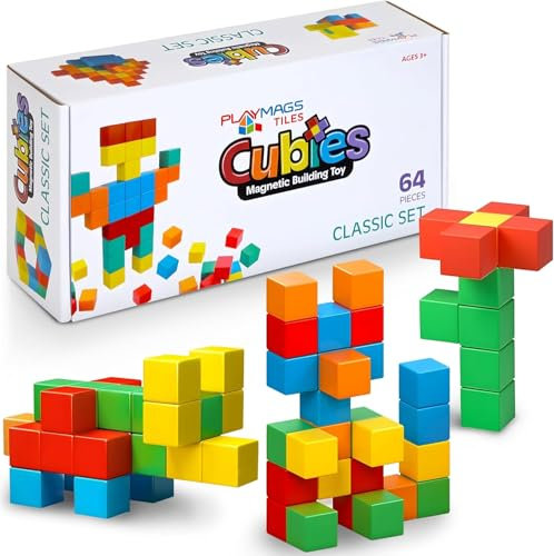 Playmags Magnetblöcke Bauspielzeug, 64-teiliges Magnetwürfel-Mint-Spielzeug für Kleinkinder und Kinder, Vorschule, Pädagogisches sensorisches Konstruktionsblockspielzeug für Jungen und Mädchen