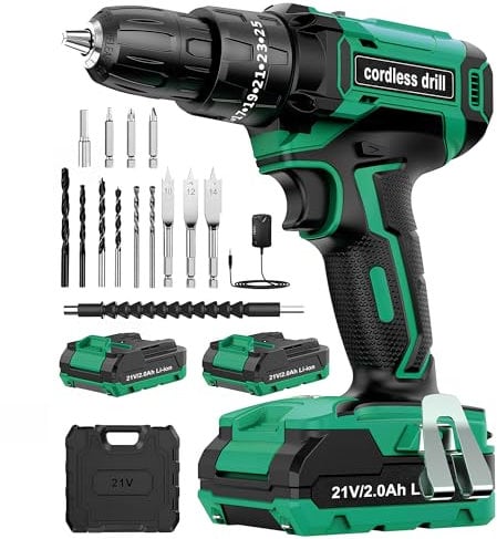 Cordless Hammer Drill 21V, Power Drill Set with 2 Batteries 2.0Ah, 25+3 Torque, 42N.m Max LED Light, 20pcs Bits Battery Drills for Home DIY Project