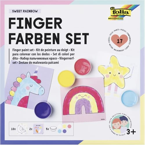 folia 48211 - Fingerfarben Set SWEET RAINBOW, Kreativset mit 5 x 30 ml leuchtender Fingerfarbe, 10 Malvorlagen mit Fantasiemotiven und 2 Mischvorlagen, inkl. Anleitung