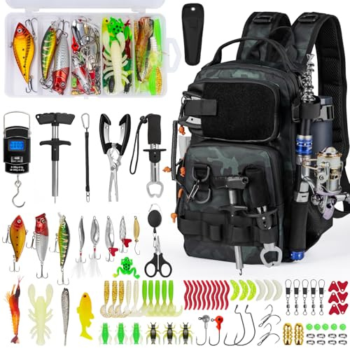 THKFISH Angelrucksack mit Rutenhalter, Angelwerkzeug-Set, wasserdichte Tasche mit Angelköder-Set, Angelausrüstungsbox und Zangen-Set für Männer und Frauen (Schwarz, Camouflage-87-teilig)