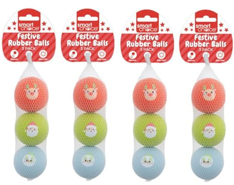 YöL Pack of 12 Festive Rubber Dog Balls 6cm Tough Chew Resistant Christmas Pet Toy Set with Blue Snowman Green Santa and Red Reindeer Designs Safe for Teeth and Gums