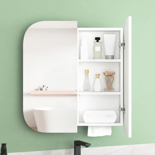 5 Shelves Bathroom Mirror Cabinet,Wall Mounted Bathroom Cabinet with Mirror | Double Door Wooden Storage Cupboard, Bathroom Storage Unit with Adjustable Shelves&Paper Towel Slot,Modern,68x66x15cm