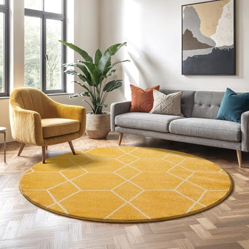 SANAT Wohnzimmerteppich – Pflegeleicht, für jeden Raum geeignet – Öko-Tex zertifizierter Flächenteppich – Trellis Muster, Gelb, 150 cm Rund
