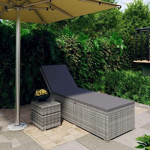 Frdhee Relaxsessel Sonnenliege Strandliege Liegestuhl,Sonnenliege mit Auflage und Teetisch Poly Rattan Grau,Liegestuhl Für Balkon,Terrasse,Einfach Zu Montieren