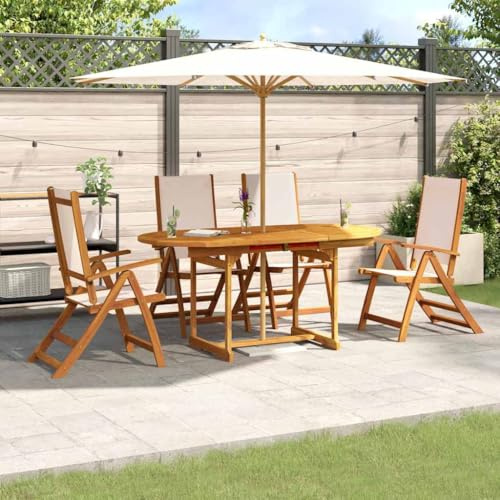 QUAHEAS 5-TLG. Garten-Essgruppe ausziehbar, Akazienholz massiv geölt, Textilene Creme, verstellbare Stühle, für Terrasse, Balkon, Gartenmöbel Set