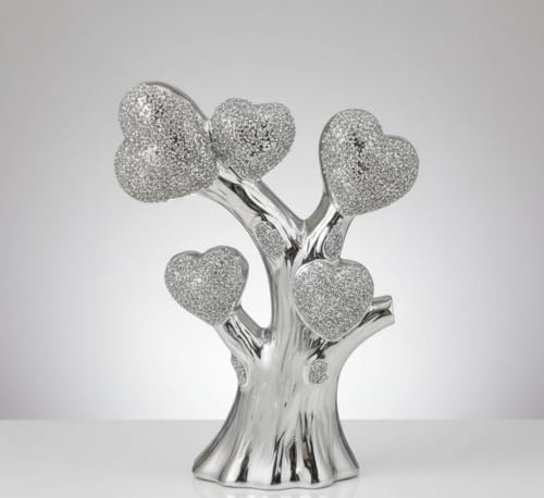 Silver Heart Tree Crushed Jewel Ornament – Romany Diamante Sparkle Shelf Sitter | Bling Decorative Figurine for Home, Wedding, BB-69