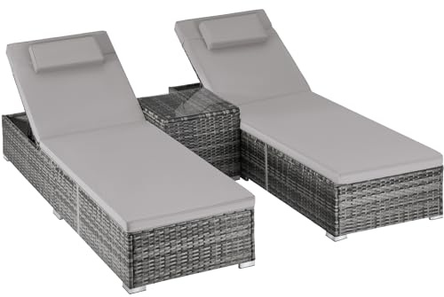 tectake® Set 2 x Lettino Prendisole in Polyrattan 62x196x36cm, 2x Sdraio da Giardino, Tavolo in Vetro, Sdraio Prendisole, Schienale Regolabile, Cuscini, Ideale Giardino e Piscina - Grigio