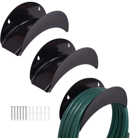 Relaxdays Schlauchhalter, 3er Set, je bis 38 m Gartenschlauch, schwarz | Wandmontage, Gartenschlauchhalterung