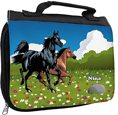 Kulturbeutel mit Namen Nina und Pferde-Motiv für Mädchen | Kulturtasche mit Vornamen | Waschtasche für Kinder