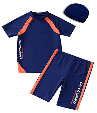BASADINA Boys Swimsuit Two Piece 50+UV Swimsuit Costume, Short Sleeves Boys Swimwear 5-12 Years Blue