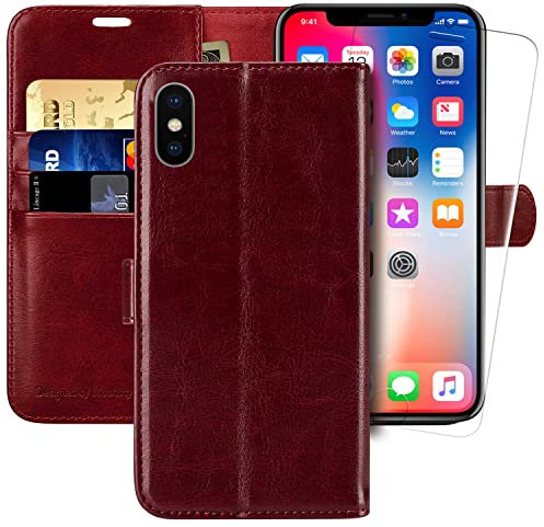 MONASAY iPhone XS Wallet Case/iPhone X Wallet Case,5.8-inch [Glass Screen Protector Included] Flip Folio Leather Cell Phone Cover with Credit Card Holder for Apple iPhone XS/X,Burgundy