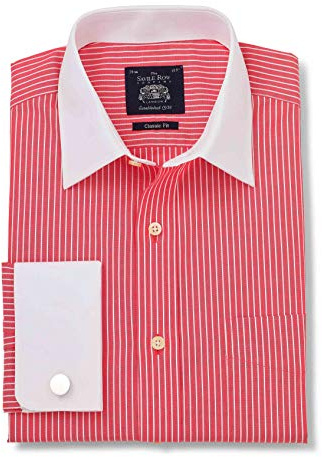 THE SAVILE ROW COMPANY LONDON Men's Classic Fit Cotton Poplin Double Cuff Formal Shirt - Red White Stripe - 16 Collar - Standard