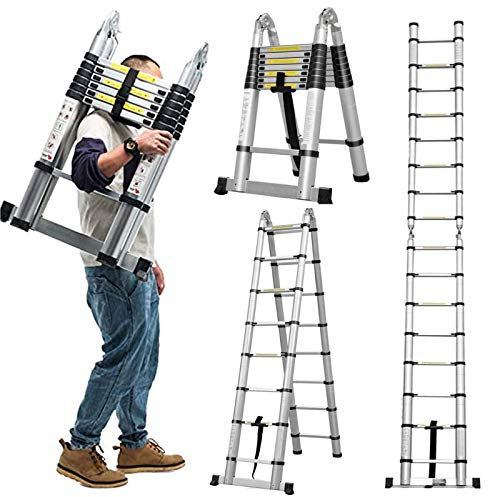 16.5Ft/5M Aluminum Telescopic Ladder Telescoping A-Type(2.5m+2.5m) Extension Multi Purpose Folding Portable Combination Ladder Heavy Duty,330 Pound Capacity, En131, Fast Delivery