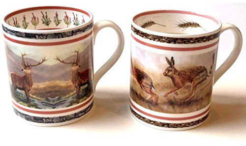 Hare & Red Stag | Set 2 Fine Bone China Mugs by Wildlife Artist Robert E Fuller British Wildlife Artist | Microwave & Dishwasher Safe | Gift Boxed