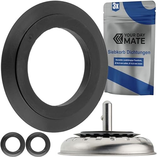Junta Labial para cestas de colador, 3 Piezas, en Negro, de Caucho, Junta de Recambio con Ø 54,5 mm Exterior, 32,8 mm Interior, 4,8 mm de Grosor, Junta para Fregadero, Junta para cestas de colador
