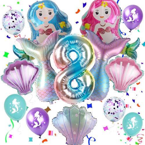 Haosell Meerjungfrau Großes Luftballon 8 Jahr Kindergeburtstag Deko Mädchen Bunt Meerjungfrau Ballon - 1x XXL Meerjungfrau Ballon+Zahl 8 Zahlen-Ballon +1 Schale Ballon + 4 x Konfetti-Ballon