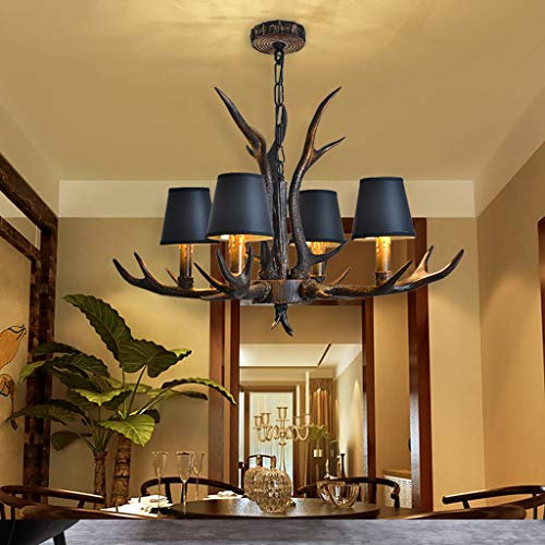 Vintage Pendelleuchte American Ländliche Kronleuchter Resin Geweihe Hängeleuchte Esstischlamp Schwarzer Lampenschirm E14 Leuchte Retro Deckenlampe Bar Wohnzimmer Cafe Esszimmer Hängelampe,4 heads