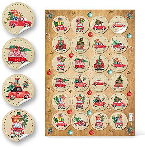 Logbuch-Verlag 24 Weihnachten Nostalgie Aufkleber Autos Trucks 4 cm rund rot grün Kraftpapier Verpackung Weihnachtsbaum